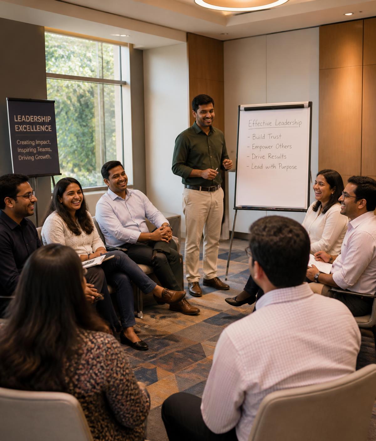 Facilitator coaching a corporate training cohort through a practice conversation